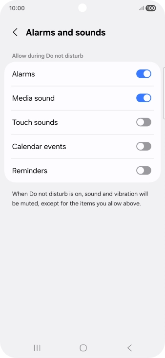 Press the required settings to turn sound and vibration for the selected functions on or off. Press the required settings to turn sound and vibration for the selected functions on or off.