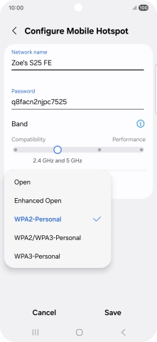 Press WPA3-Personal to password protect your Wi-Fi hotspot. Press WPA3-Personal to password protect your Wi-Fi hotspot.