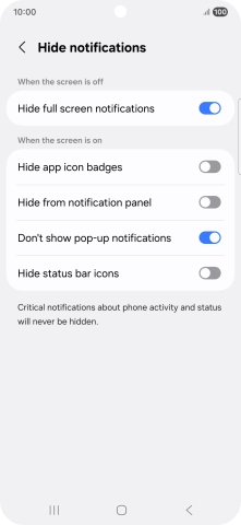 Press the indicators next to the required settings to turn display of the selected notification types on or off. Press the indicators next to the required settings to turn display of the selected notification types on or off.