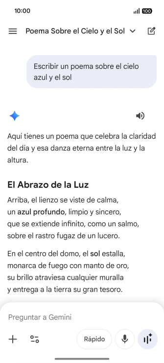 A Gemini le puedes pedir que genere un texto a partir de una descripción tuya. A Gemini le puedes pedir que genere un texto a partir de una descripción tuya.