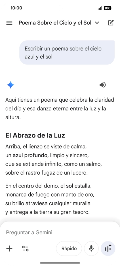 A Gemini le puedes pedir que genere un texto a partir de una descripción tuya. A Gemini le puedes pedir que genere un texto a partir de una descripción tuya.