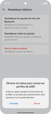 Pulsa Borrar. Espera unos instantes mientras el teléfono restablece la configuración predeterminada. Sigue las indicaciones de la pantalla para configurar el teléfono y dejarlo listo para su uso. Pulsa Borrar. Espera unos instantes mientras el teléfono restablece la configuración predeterminada. Sigue las indicaciones de la pantalla para configurar el teléfono y dejarlo listo para su uso.