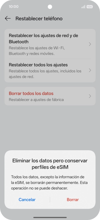 Pulsa Borrar. Espera unos instantes mientras el teléfono restablece la configuración predeterminada. Sigue las indicaciones de la pantalla para configurar el teléfono y dejarlo listo para su uso. Pulsa Borrar. Espera unos instantes mientras el teléfono restablece la configuración predeterminada. Sigue las indicaciones de la pantalla para configurar el teléfono y dejarlo listo para su uso.