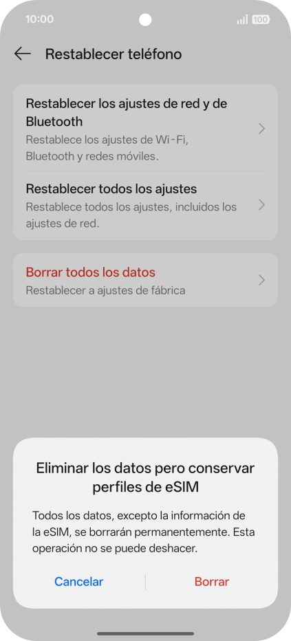 Pulsa Borrar. Espera unos instantes mientras el teléfono restablece la configuración predeterminada. Sigue las indicaciones de la pantalla para configurar el teléfono y dejarlo listo para su uso. Pulsa Borrar. Espera unos instantes mientras el teléfono restablece la configuración predeterminada. Sigue las indicaciones de la pantalla para configurar el teléfono y dejarlo listo para su uso.