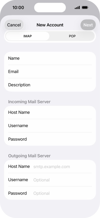 Press Host Name and key in the name of your email provider's outgoing server. Press Host Name and key in the name of your email provider's outgoing server.