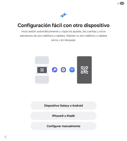 Pulsa la opción deseada para transferir contenido desde otro dispositivo y pulsa Configurar manualmente. Pulsa la opción deseada para transferir contenido desde otro dispositivo y pulsa Configurar manualmente.