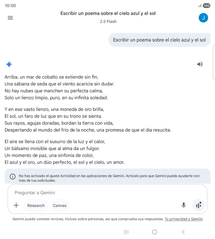 A Gemini le puedes pedir que genere un texto a partir de una descripción tuya. A Gemini le puedes pedir que genere un texto a partir de una descripción tuya.