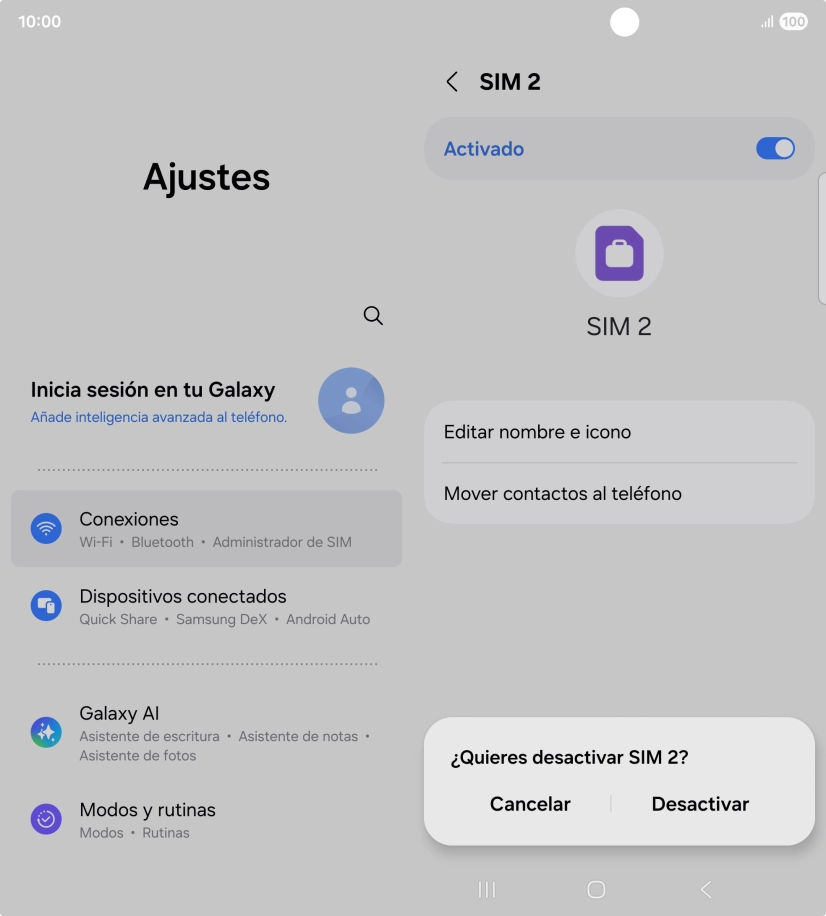 Si desactivas el uso de la línea móvil (SIM), debes pulsar Desactivar. Si desactivas el uso de la línea móvil (SIM), debes pulsar Desactivar.