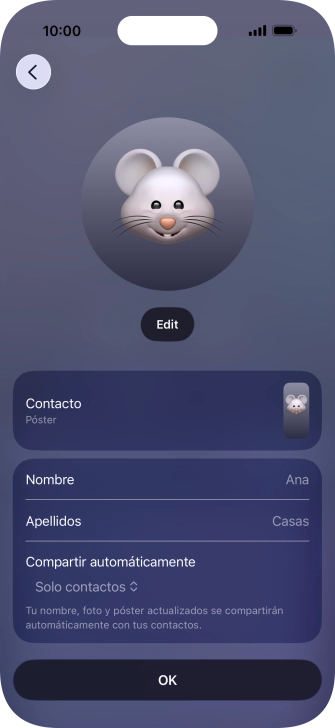 Pulsa los campos del nombre y sigue las indicaciones de la pantalla para editar el nombre del póster de contacto. Pulsa los campos del nombre y sigue las indicaciones de la pantalla para editar el nombre del póster de contacto.