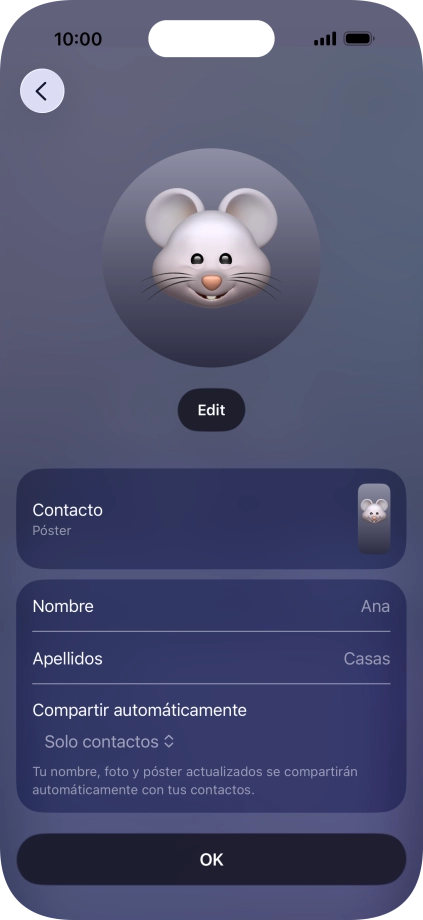 Pulsa los campos del nombre y sigue las indicaciones de la pantalla para editar el nombre del póster de contacto. Pulsa los campos del nombre y sigue las indicaciones de la pantalla para editar el nombre del póster de contacto.