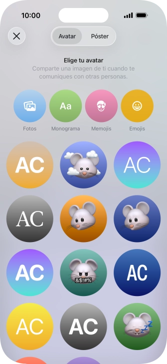 Pulsa una categoría y sigue las indicaciones de la pantalla para seleccionar y configurar la imagen o fotografía deseada para tu póster de contacto. Pulsa una categoría y sigue las indicaciones de la pantalla para seleccionar y configurar la imagen o fotografía deseada para tu póster de contacto.