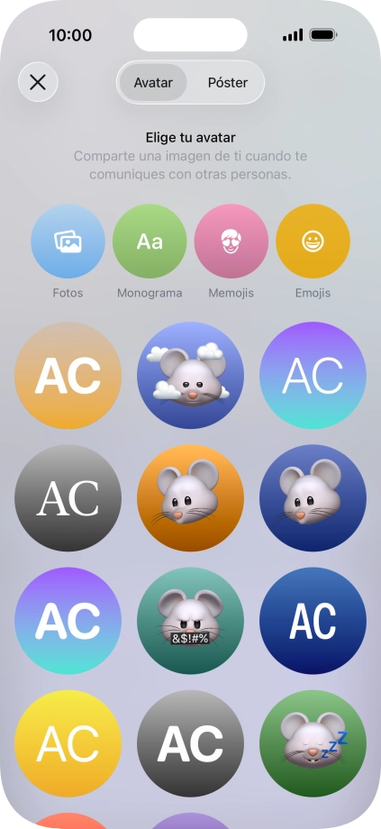 Pulsa una categoría y sigue las indicaciones de la pantalla para seleccionar y configurar la imagen o fotografía deseada para tu póster de contacto. Pulsa una categoría y sigue las indicaciones de la pantalla para seleccionar y configurar la imagen o fotografía deseada para tu póster de contacto.