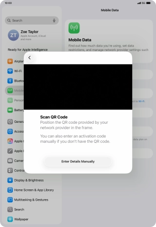 Place the QR code you've received inside the tablet camera frame to scan the code. Your eSIM is transferred to your new tablet over the internet. Place the QR code you've received inside the tablet camera frame to scan the code. Your eSIM is transferred to your new tablet over the internet.