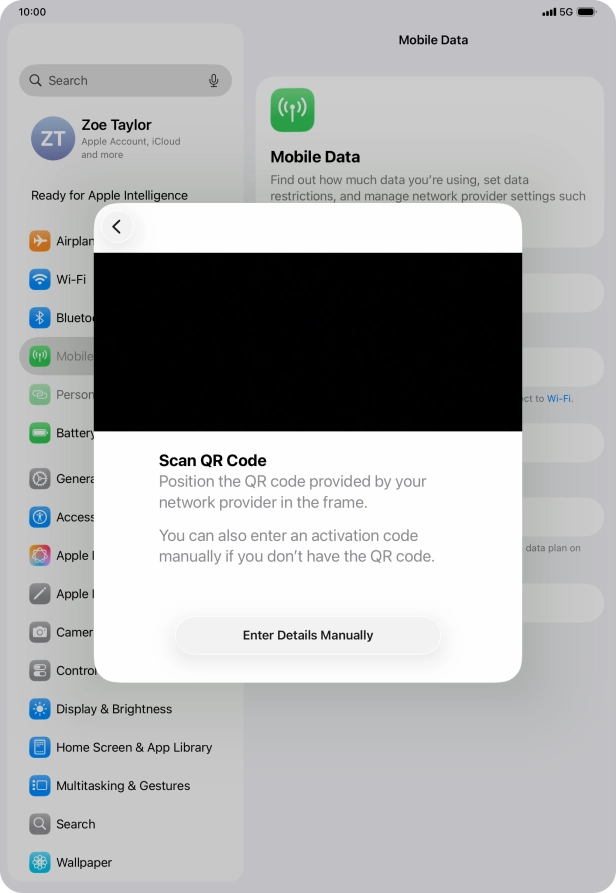 Place the QR code you've received inside the tablet camera frame to scan the code. Your eSIM is transferred to your new tablet over the internet. Place the QR code you've received inside the tablet camera frame to scan the code. Your eSIM is transferred to your new tablet over the internet.