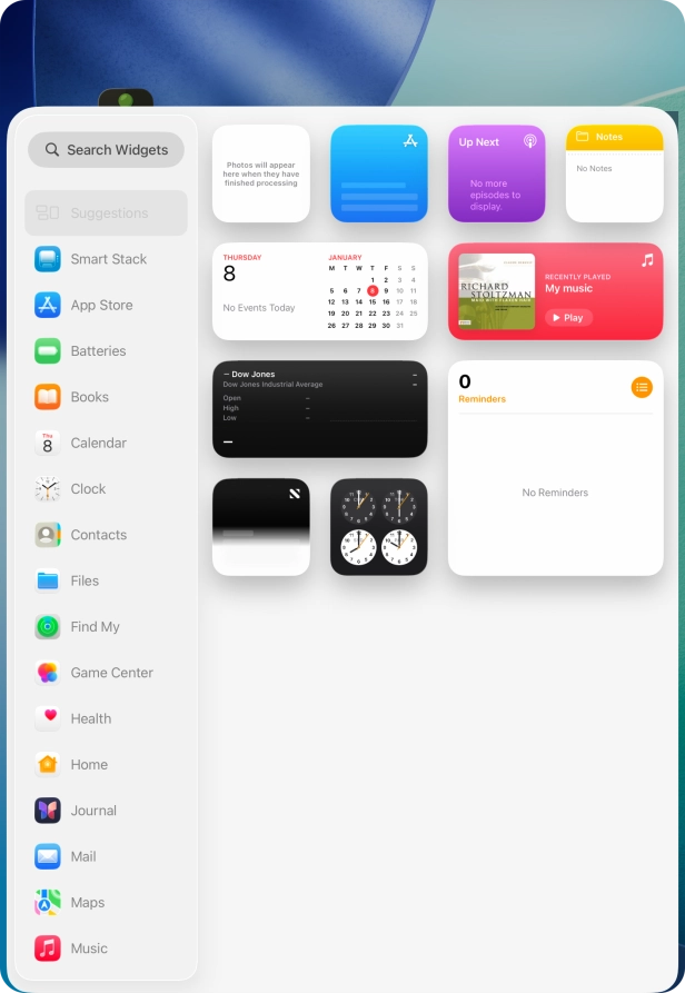 Press the required widget. Press the required widget.