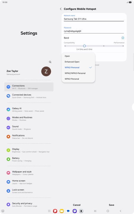 Press WPA3-Personal to password protect your Wi-Fi hotspot. Press WPA3-Personal to password protect your Wi-Fi hotspot.