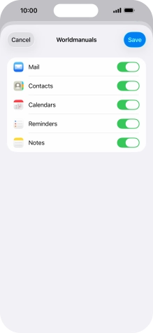 Press the indicators next to the required data types to turn synchronisation of each data type on or off. Press the indicators next to the required data types to turn synchronisation of each data type on or off.