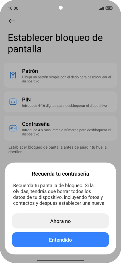 Pulsa Entendido y sigue las indicaciones de la pantalla para crear un código de seguridad del teléfono adicional. Pulsa Entendido y sigue las indicaciones de la pantalla para crear un código de seguridad del teléfono adicional.