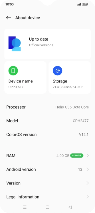 Press ColorOS version. If a new software version is available, it's displayed. Follow the instructions on the screen to update the phone software.