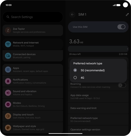Press the required network mode.