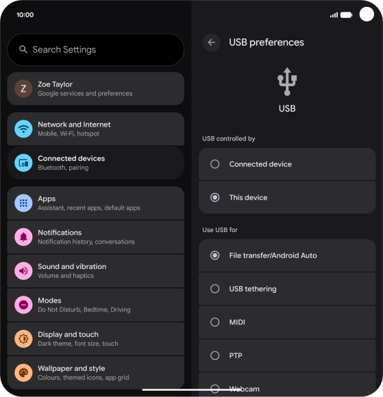 Press File transfer/Android Auto.