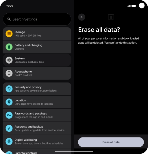 Press Erase all data. Wait a moment while the factory default settings are restored. Follow the instructions on the screen to set up your phone and prepare it for use.