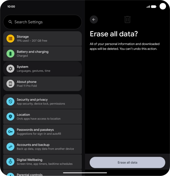Press Erase all data. Wait a moment while the factory default settings are restored. Follow the instructions on the screen to set up your phone and prepare it for use.