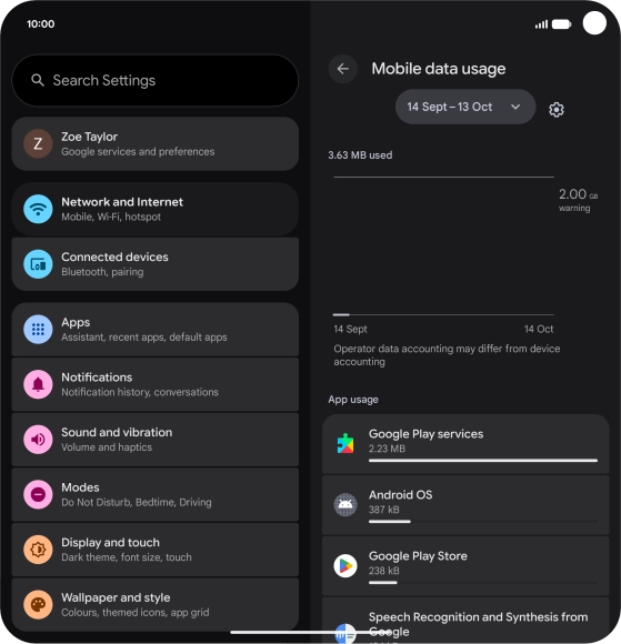 The data usage for each application is displayed below the name of the application.