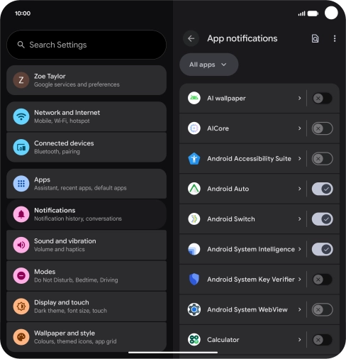 Press the indicator next to the required apps to turn the function on or off.