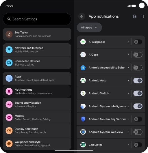 Press the indicator next to the required apps to turn the function on or off.