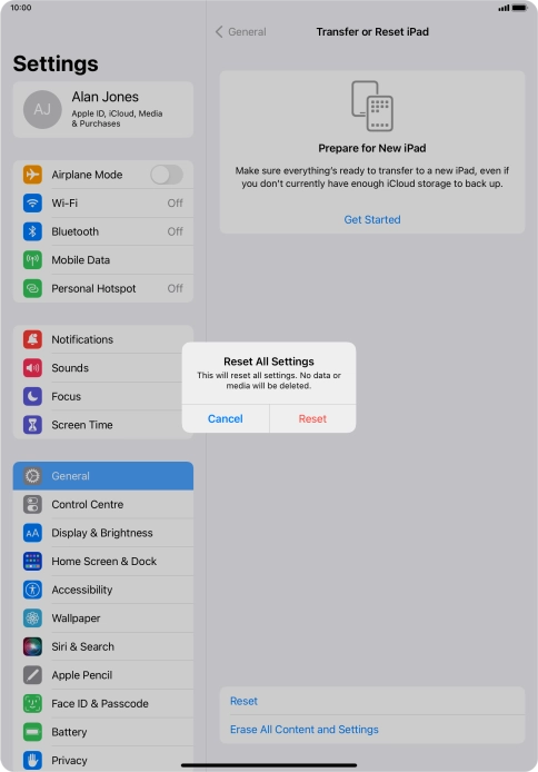 Press Reset. Wait a moment while the factory default settings are restored. Follow the instructions on the screen to set up your tablet and prepare it for use.