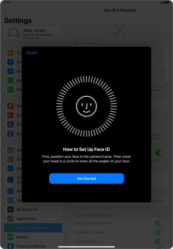 Press Get Started and follow the instructions on the screen to set up Face ID.