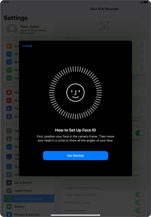 Press Get Started and follow the instructions on the screen to set up Face ID.