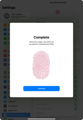 Press Continue. If you haven't previously selected a lock code, key in a code of your own choice twice.