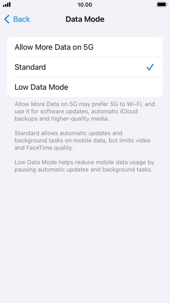 Press the required setting.