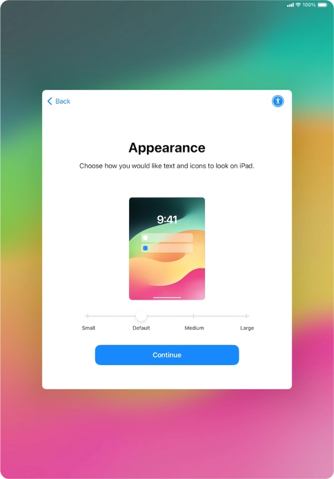 Select the required text and icon size on your tablet and press Continue.