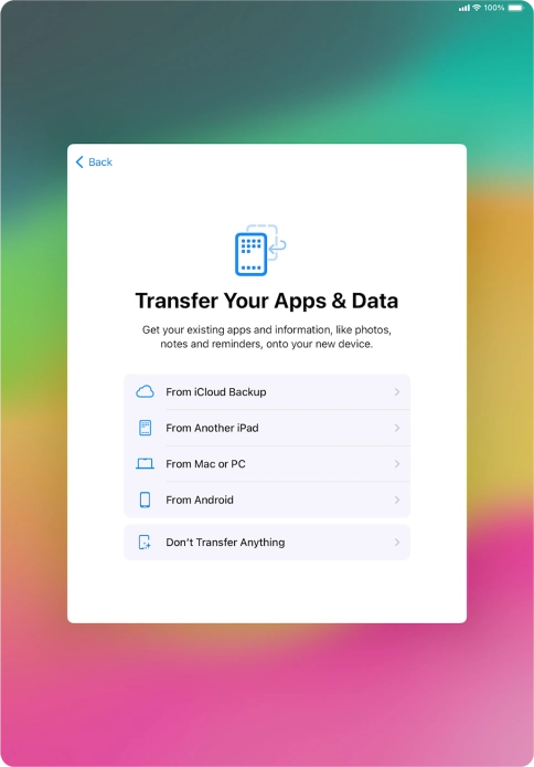 You can transfer the contents of an Android device to your tablet when it's activated for the first time and after a factory reset. When this screen is displayed, your tablet is ready to transfer contents from an Android device.