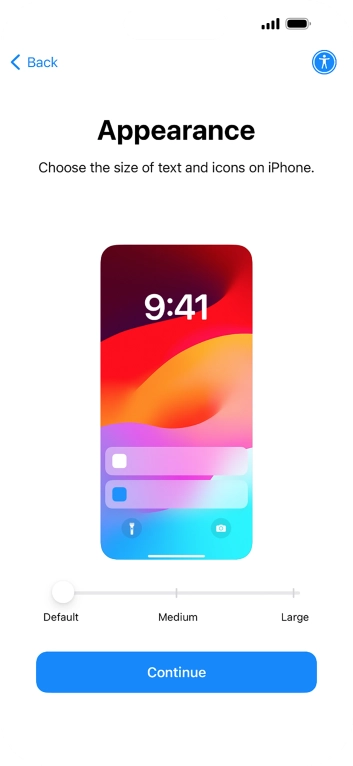 Select the required text and icon size on your phone and press Continue.