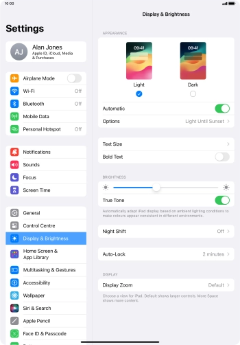 If you turn on the function, press Options and follow the instructions on the screen to select the required period of time for Dark Mode.