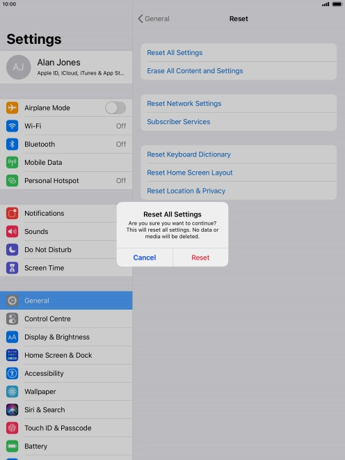 Press Reset. Wait a moment while the factory default settings are restored. Follow the instructions on the screen to set up your tablet and prepare it for use.