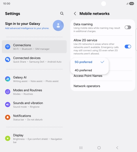 Press the required network mode.