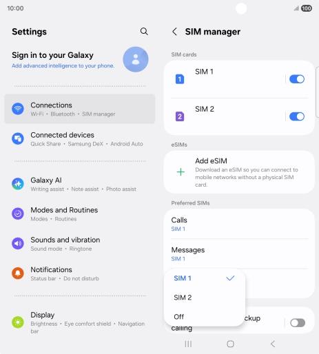 Press the required setting.