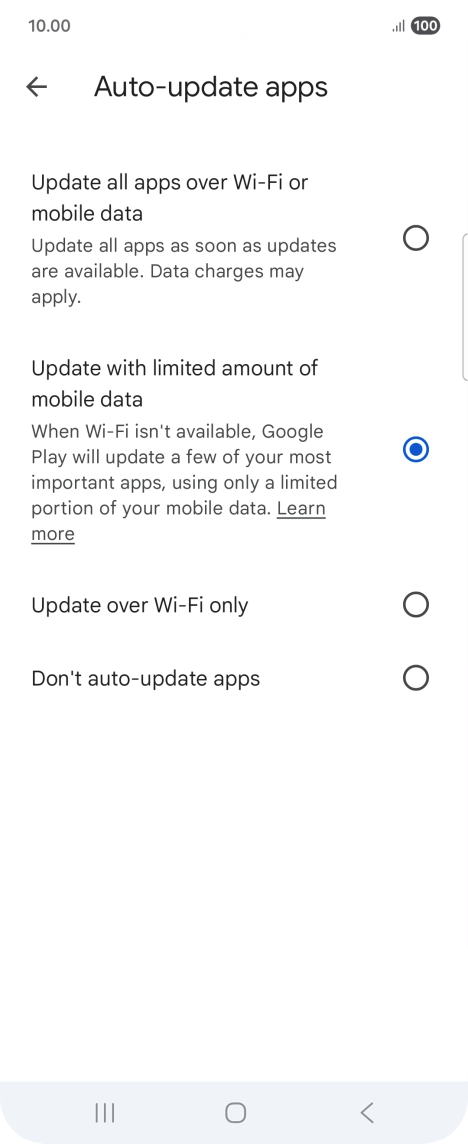 To turn on automatic update of apps using mobile network, press Update all apps over Wi-Fi or mobile data.