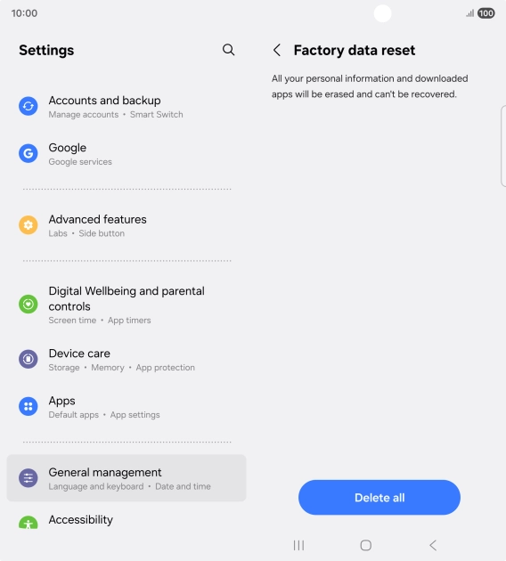 Press Delete all. Wait a moment while the factory default settings are restored. Follow the instructions on the screen to set up your phone and prepare it for use.