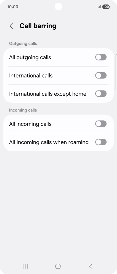 Press the indicator next to the required barring type to turn the function on or off.