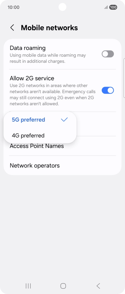 Press the required network mode.