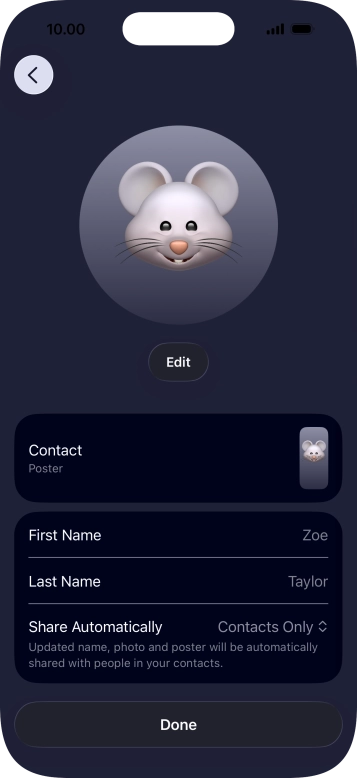 Press the name fields and follow the instructions on the screen to edit your name on the Contact Poster.