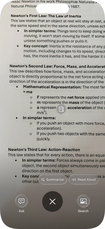 To use visual intelligence on a text, take a picture of the text, press the required setting and follow the instructions on the screen to use the function.