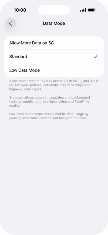 Press the required setting.