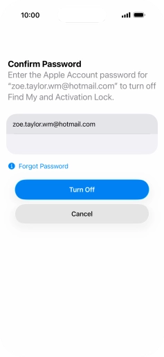 Key in the password for your Apple Account and press Turn Off. Wait a moment while the factory default settings are restored. Follow the instructions on the screen to set up your phone and prepare it for use.